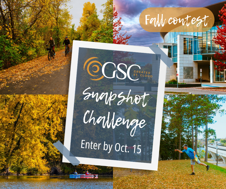 Autumn-themed collage advertising the GSC Greater St. Cloud Snapshot Challenge with 'Enter by Oct. 15'.